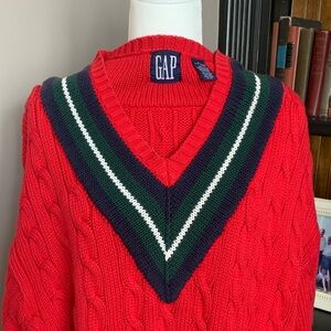 GAP Red V-Neck Cable Knit Sweater